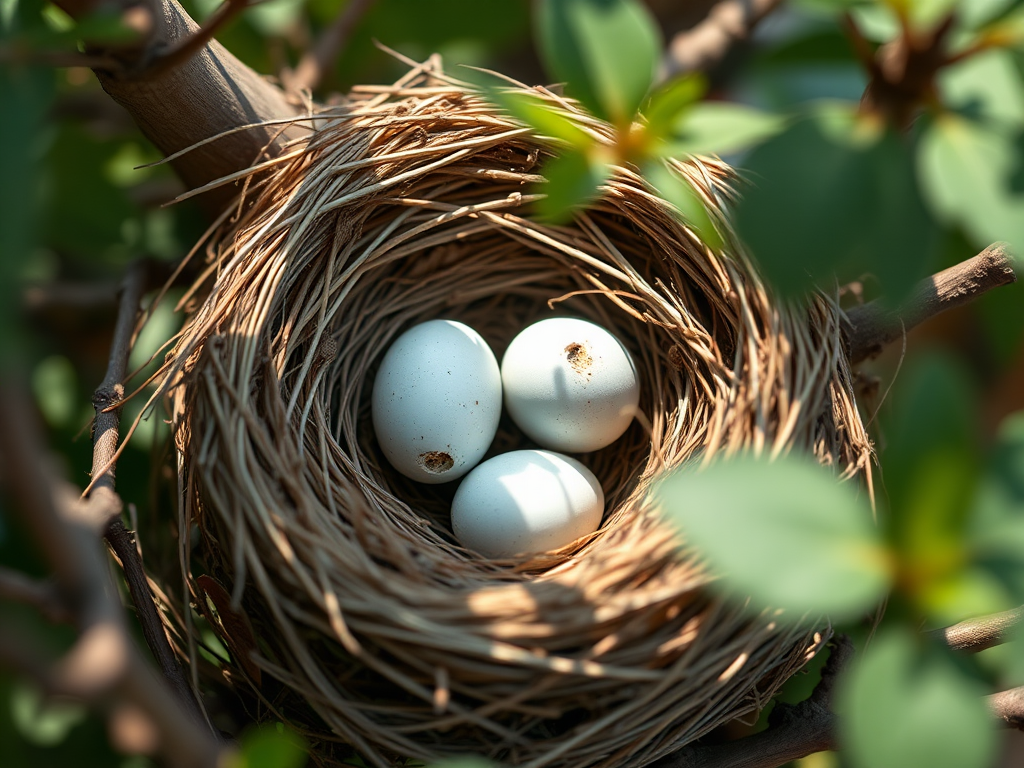 regenerate a detailed illustration of a nest with two eggs inside, using a DSLR camera with a 50mm lens, aperture set at f/2.8, shutter speed 1/250s, ISO 100, in natural daylight with a shallow depth of field for enhanced clarity and texture, top-down view showcasing the nest's intricate details and surrounding foliage
