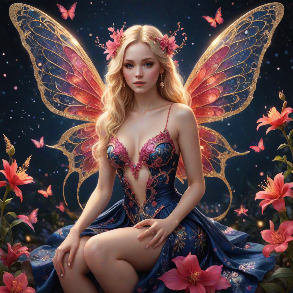 A digital artwork features a winged fairy with delicate Scarlet butterfly wings, adorned with intricate Navy andFuchsia patterns. She is seated on a vibrant Navy flower, wearing a revealing red two-piece outfit with sparkling beadwork. Her fair skin, long blonde hair, and gold jewelry add to her ethereal appearance. The background is a warm, golden gradient, creating a magical atmosphere. Small glowing orbs and sparkles surround the flower, enhancing the enchanting, highly detailed, and realistic scene.