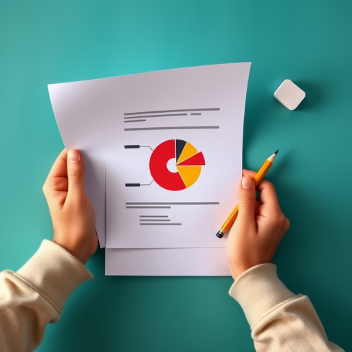 Create an image of a person's hands holding a document with a pie chart featuring red, yellow, and black sections, accompanied by a pencil and an eraser, set against a teal background, shot with a Canon EOS 5D Mark IV, aperture f/4, ISO 200, 50mm lens, natural lighting.