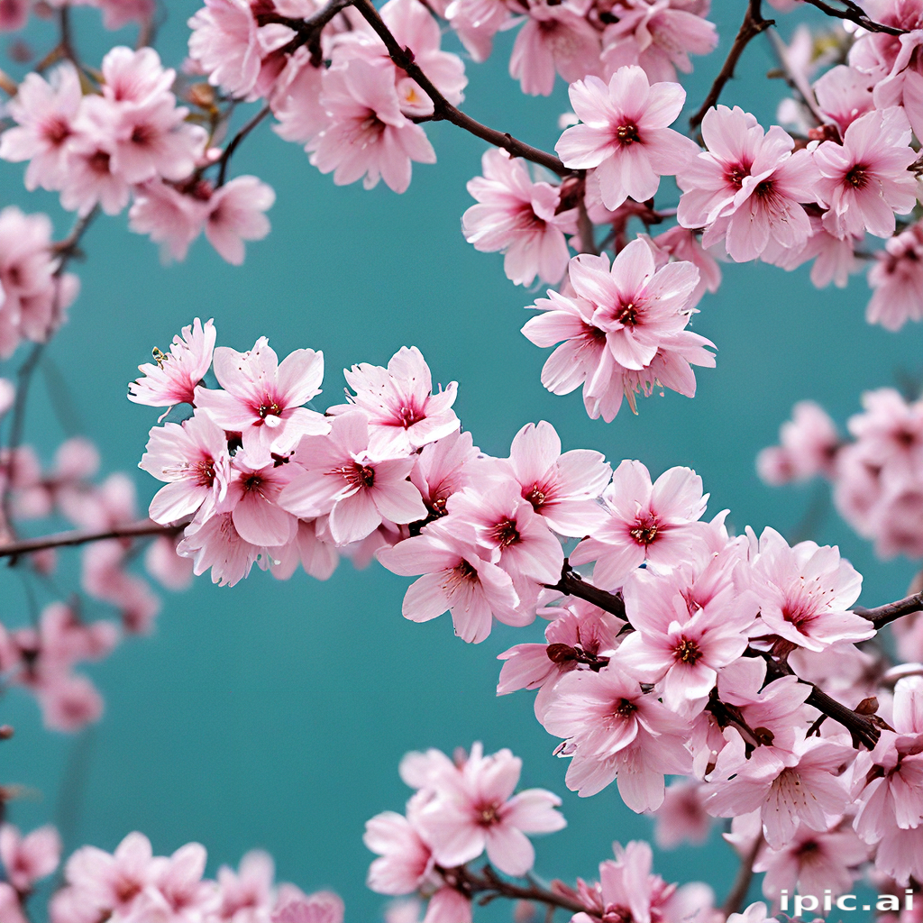 Delicate Pink Cherry Blossoms Blooming Against a Serene Teal Background