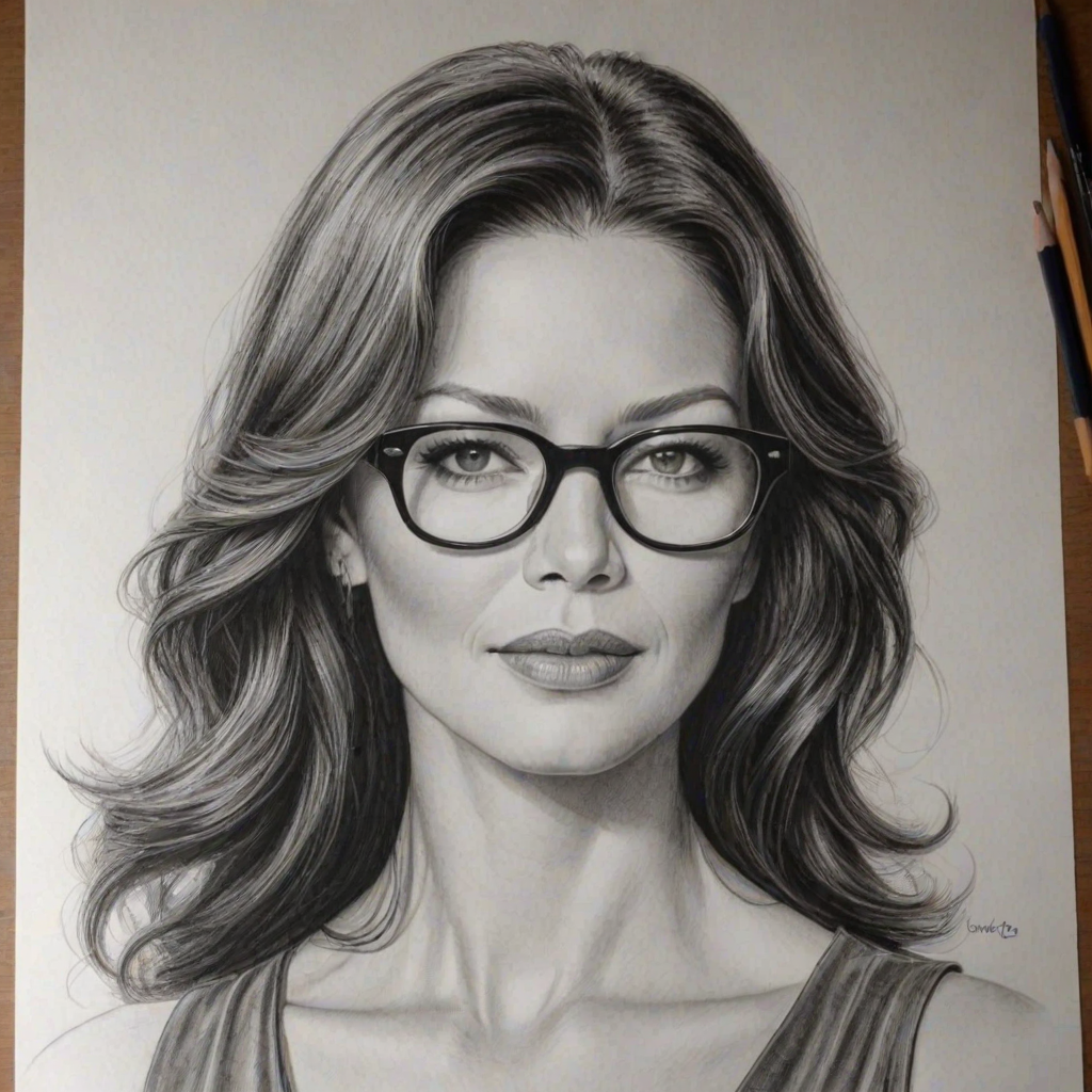 Gorgeous Catherine Zeta-Jones, pencil sketch, portrait of Sublime woman 1926s in glasses, hair style beatnik, outline, clear lines, fine lines, 8k