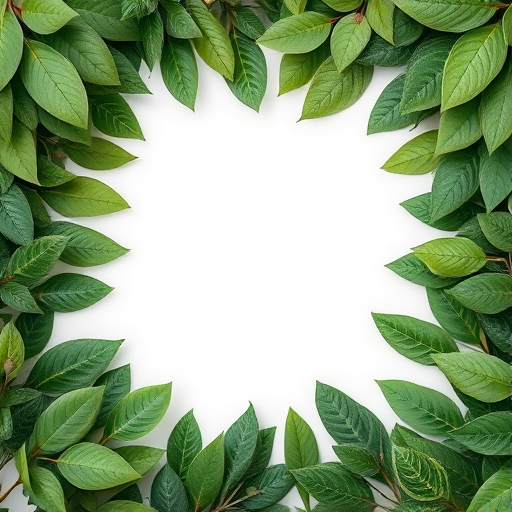 regenerate an image of a botanical frame with assorted green leaves surrounding a blank white space, use a soft focus background, aperture f/2.8, shutter speed 1/125, ISO 100, capture from a top-down view, digital photography style