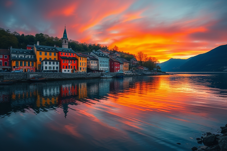 capture a picturesque lakeside village with colorful buildings reflecting on calm water during sunset, use a Canon EOS R5 with a 24-70mm f/2.8 lens, aperture set to f/8, ISO 200, shutter speed 1/125s, shot from a panoramic view to emphasize the landscape and vibrant colors
