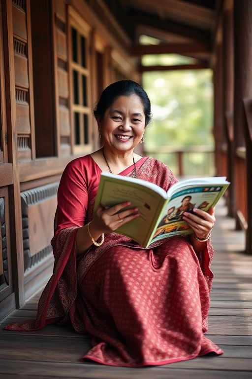 portrait of a smiling woman sitting on a wooden porch reading a magazine wearing traditional attire, soft natural lighting, captured with a Canon EOS 5D Mark IV, 50mm lens, f/1.8, ISO 200, shot from a low angle to emphasize her relaxed posture and the wooden details of the setting.