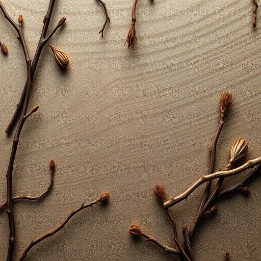Create a high-resolution image of a textured background featuring abstract linear designs made of dried twigs and foliage, shot with a DSLR camera at f/8 aperture, ISO 100, 50mm lens, top-down view, soft lighting to enhance details and depth.