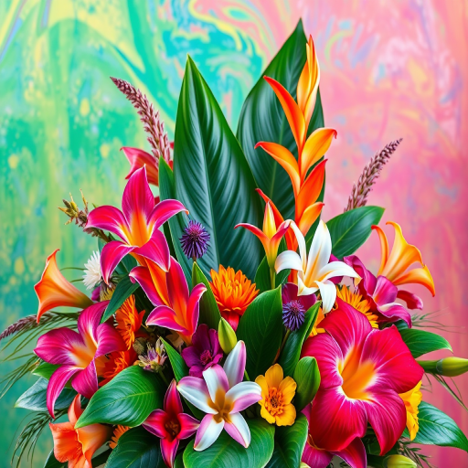 Generate a vibrant floral arrangement with tropical leaves and various flowers in a bright, colorful background, capturing it with a DSLR camera at f/2.8, ISO 100, 50mm lens, front view, high resolution, natural light for enhanced detail and color.