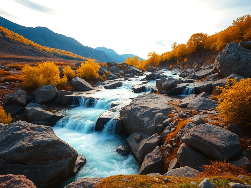 Create a vibrant landscape scene featuring a waterfall surrounded by rocks and yellow foliage with distant mountains, captured in high resolution with a wide-angle lens, f/8 aperture, ISO 100, and a focus on vivid colors in natural light using a digital SLR camera.