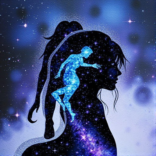 Captivating conceptual render alcohol ink art, double exposure, the paint strokes artfully merge combining a woman's full silhouette with a Ladybug crawl's silhouette. The figures are composed of a series of colored dots, lines & spots that evoke the image of a cosmic galaxy, colors are deep shades of blue purple & black with flashes of white & silver representing distant stars. The woman's silhouette is formed within the lion's silhouette from constellations of scattered stars, surreal