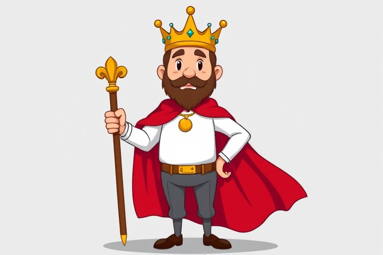 Create a vector-style illustration of a cartoon king character, dressed in a white shirt and gray pants, wearing a crown and a red cape, standing confidently with a scepter, using a high-resolution digital camera, 50mm lens, f/2.8 aperture, natural lighting for enhanced colors and detail.
