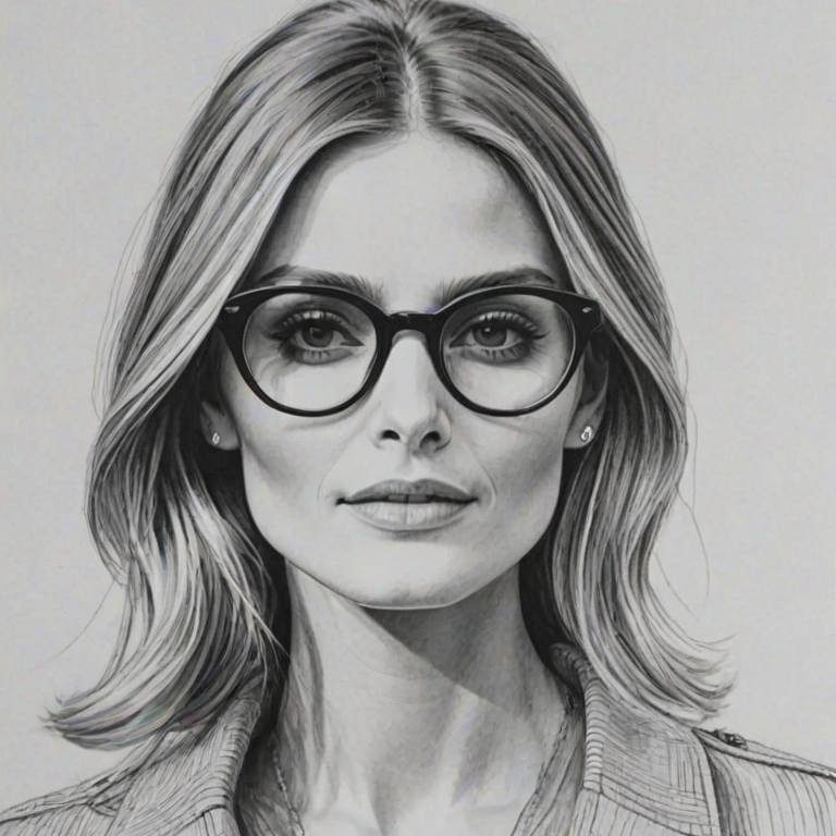 Charming Olivia Palermo, pencil sketch, portrait of Dazzling woman 1966s in glasses, hair style beatnik, outline, clear lines, fine lines, 8k