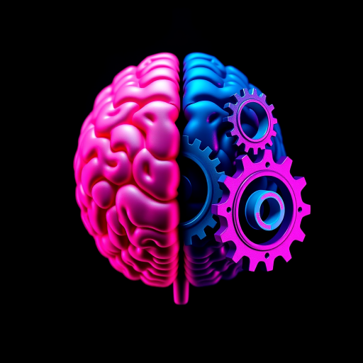 create an image of a brain on one side and gears on the other side with neon pink and blue colors, black background, high contrast, shot with a DSLR camera, 50mm lens, f/1.8 aperture, ISO 100, with a shallow depth of field and vibrant colors