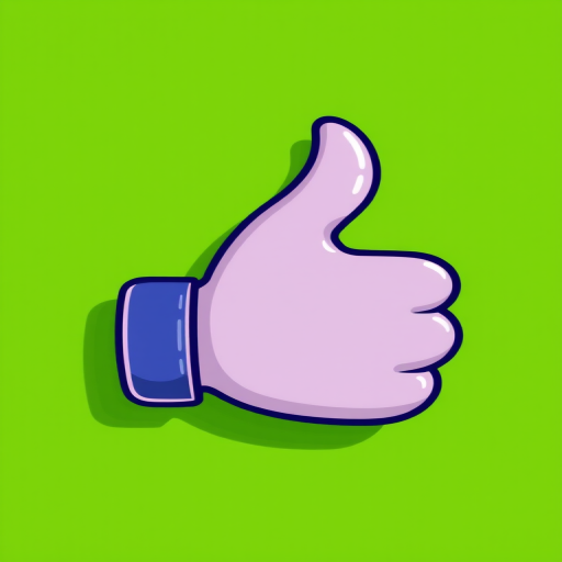 Create a high-resolution digital illustration of a cartoon thumbs up icon on a vibrant green background, using a Canon EOS R5 with a 50mm f/1.2 lens, aperture set to f/2.8, ISO 100, and a soft focus style.