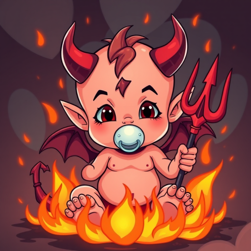 create a cartoon illustration of a playful devilish character baby sitting in flames wearing a pacifier and holding a trident with vibrant colors, shot with a DSLR at f/2.8, 50mm lens, natural light for enhanced sharpness and depth of field