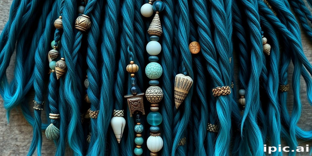 Mystical deep teal dreadlocks titled "Oceanic Tendrils" adorned with sea-inspired beads and shells, featuring an ombré effect fading into aquamarine tips