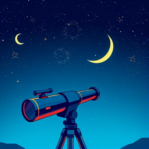 Create an illustration of a telescope pointing towards a starry sky with a crescent moon and shooting star, use a 50mm lens, f/1.8 aperture, ISO 100, captured in a clear night setting with a focus on vibrancy and clarity, employ a digital camera style.