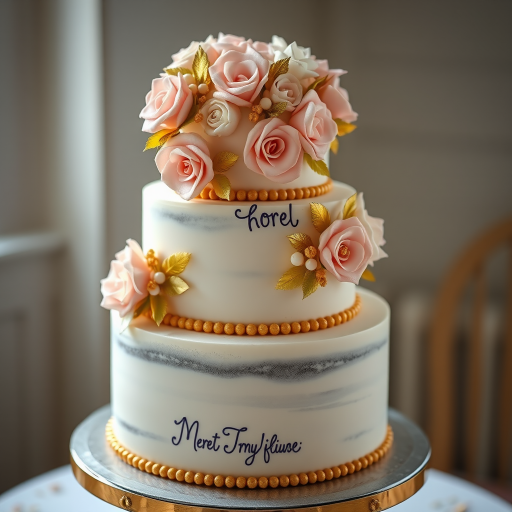 A beautifully decorated three-tier cake with intricate floral sugar decorations in soft pastels and gold accents, captured in soft natural light, using a 50mm lens, f/2.8 aperture, 1/60 shutter speed, in a cozy studio setting with a shallow depth of field.