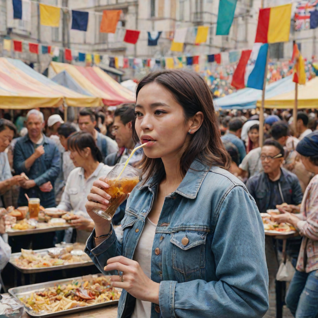 Crowded festival in a bustling square, colorful flags hanging overhead, a woman in a denim jacket stands at a food stall, sipping from a cold drink as performers entertain in the background.