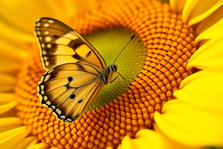 Sharp, detailed close-up of a butterfly resting on a bright yellow sunflower, soft light illuminating its delicate wings, with tiny details of pollen visible on the flower's center.