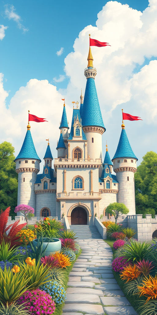 Create a vibrant illustration of a whimsical castle with blue roofs and flags, surrounded by colorful plants under a partly cloudy sky, using a Canon EOS R5 camera, 50mm lens, aperture set to f/8, ISO 100, and a soft focus style for enhanced quality.