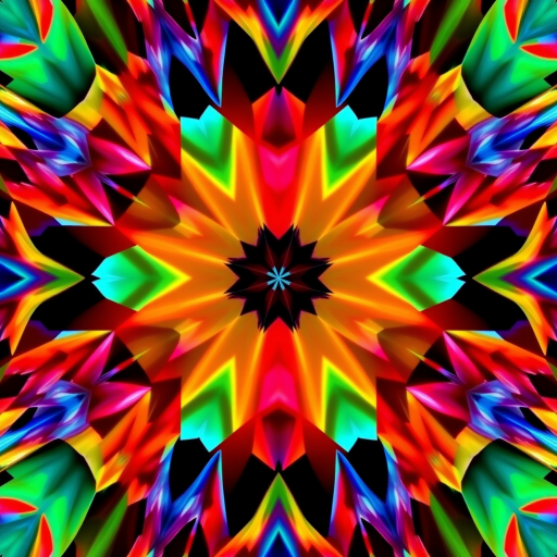 Generate a high-resolution image of a geometric abstract pattern with vivid colors, using a DSLR camera, 50mm lens, f/1.8 aperture, ISO 100, with a top-down view.