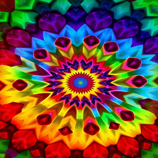 Generate a vibrant, kaleidoscopic spiral pattern with rainbow hexagons radiating from the center, using a DSLR camera with a 50mm lens, f/2.8 aperture, ISO 100, and a top-down view for enhanced clarity and color depth.