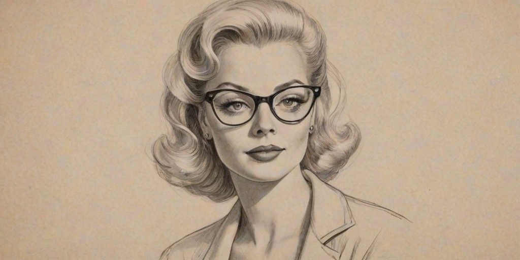 Charming Charlotte Ross, pencil sketch, portrait of Charming woman 1953s in glasses, hair style beatnik, outline, clear lines, fine lines, 8k