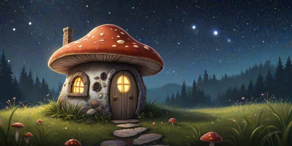 this image is illustration of a mushroom house with a door and a window, a storybook , fantasy art, mushroom house, bg starry sky, sparkles