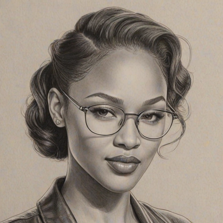 Superb Meagan Good, pencil sketch, portrait of Fascinating woman 1941s in glasses, hair style beatnik, outline, clear lines, fine lines, 8k