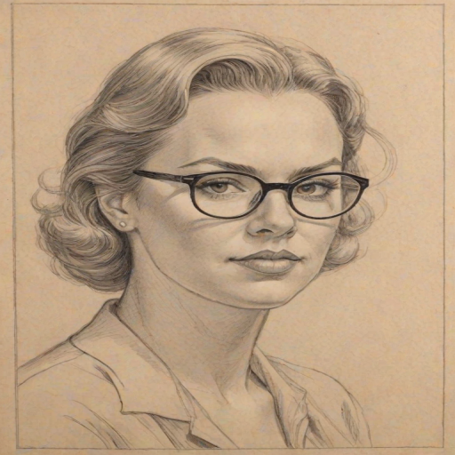 Pleasing Agnes Bruckner, pencil sketch, portrait of Superb woman 1937s in glasses, hair style beatnik, outline, clear lines, fine lines, 8k