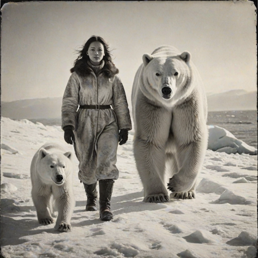 A very old photograph in black and white. The photo is badly damaged, faded, with scratches, tears, smudges and dirt. The photo is ultra-realistic and very detailed. It's a picture of an Arctic warrior. She is walking serenely towards the camera. At her side walks a majestic polar bear. Its fur shines in the sunlight. Snow, ice, sea. wind. snow in the air.