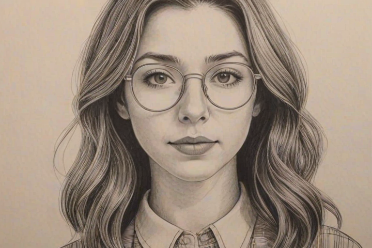 Fascinating Katelyn Nacon, pencil sketch, portrait of Captivating woman 1974s in glasses, hair style beatnik, outline, clear lines, fine lines, 8k
