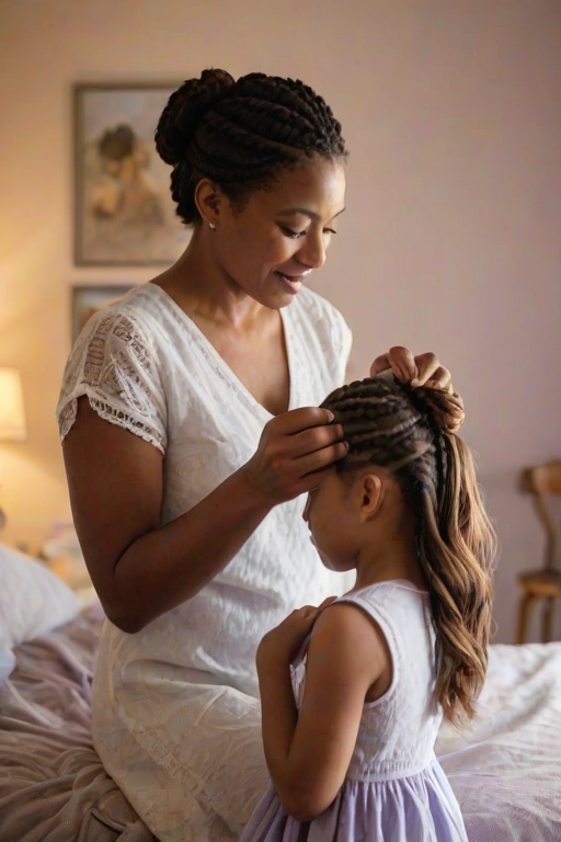 Warmly lit image of a mother braiding her daughter's hair in a sunlit bedroom, soft glow from the morning light casting warm shadows, with the smell of fresh linens and lavender in the air.