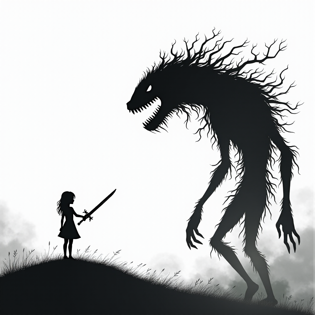 Fight your fears illustration of black and white minimalist of a little girl standing on a hill, raising a sword in hand, she is facing a large menacing creature with large head, sharp teeth and sharp claws, its body is made of vines and roots. The background is a cloudy sky with a hint of smoke or fog. The overall mood of the image is dark and eerie.