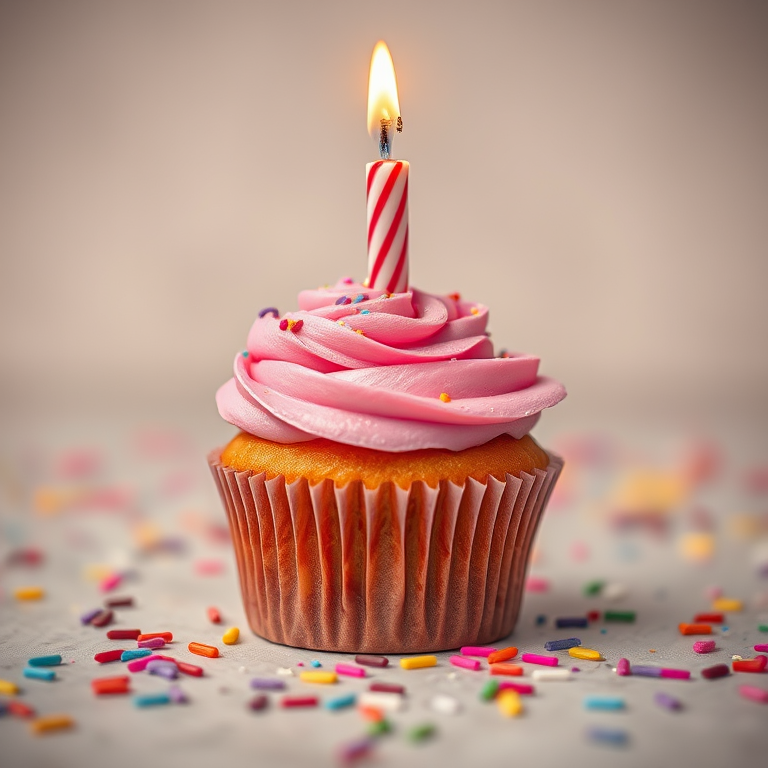 A beautifully decorated birthday cupcake with pink and purple frosting, a lit candle on top, colorful sprinkles and confetti scattered around, shot with a DSLR camera at f/2.8, ISO 100, 50mm lens, soft focus background for depth, and warm lighting to enhance colors.