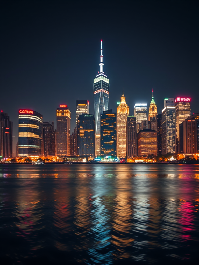 create a high-resolution image of a city skyline at night with pixelated effects, using a Canon EOS R5 with a 24-70mm f/2.8 lens, ISO 100, shutter speed 1/60 sec, aperture f/8, shot from a low angle to capture reflections on water.