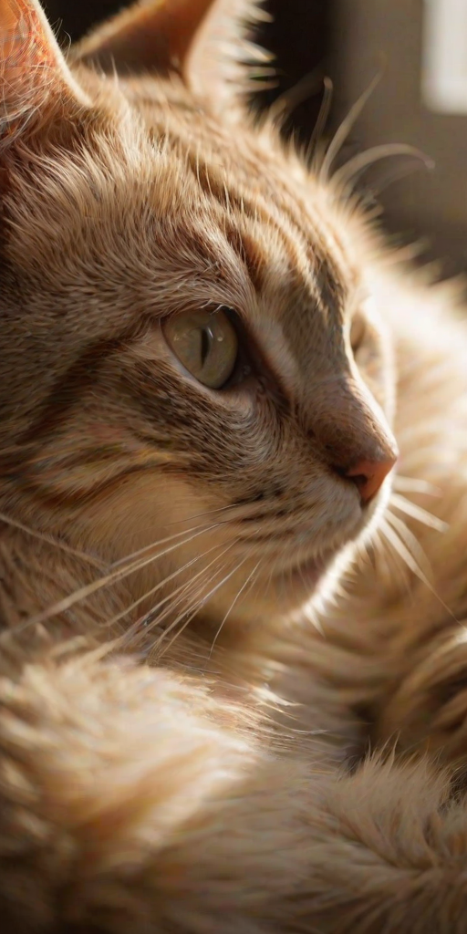 Softly focused close-up of a cat curled up in a ray of sunlight, its fur gently illuminated by the soft light, with dust particles visible in the warm glow and a faint purr almost audible.