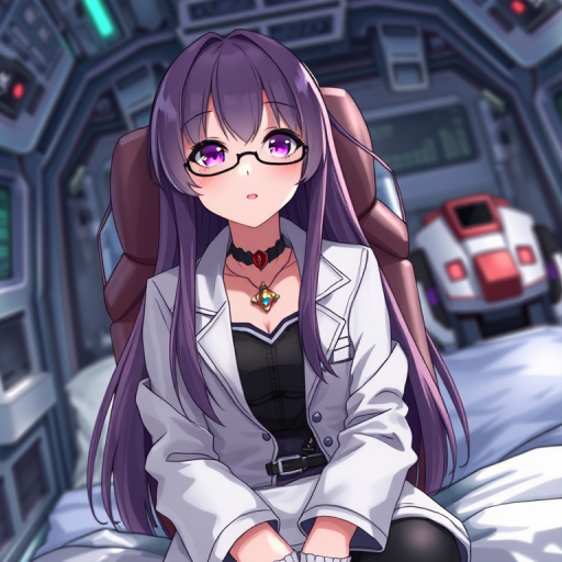 1girl,solo,long hair,sitting,parted lips,labcoat,robot,jewelry,cable,glasses,science fiction,looking  up,machine,hair between eyes,open mouth,cockpit,necklace,blurry,mecha,breasts,bed,