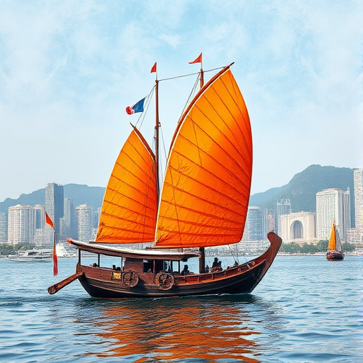 Create a high-resolution watercolor painting of a traditional junk boat with vibrant orange and white sails sailing in a harbor with an urban skyline in the background, using a Canon EOS R5 with a 50mm f/1.4 lens at f/8, 1/250s, ISO 100, shot from a slightly elevated angle to capture depth and vibrant colors.