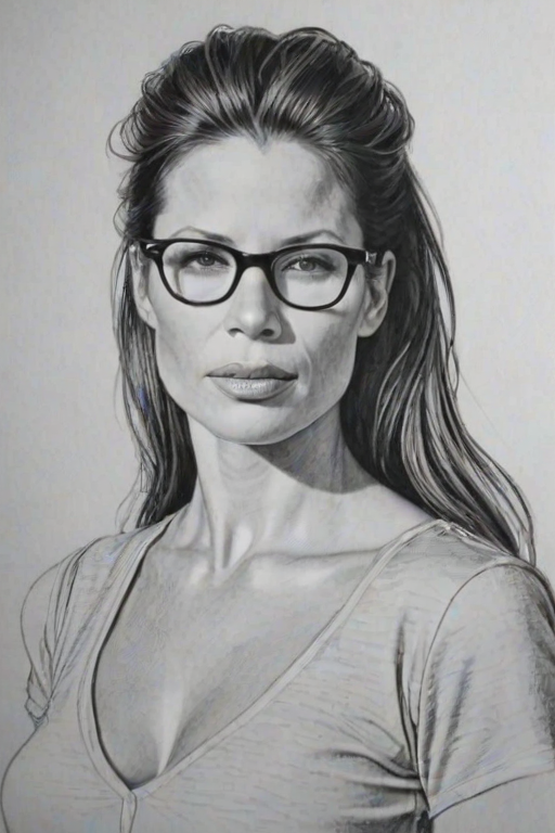 Enticing Rhona Mitra, pencil sketch, portrait of Beauteous woman 1954s in glasses, hair style beatnik, outline, clear lines, fine lines, 8k