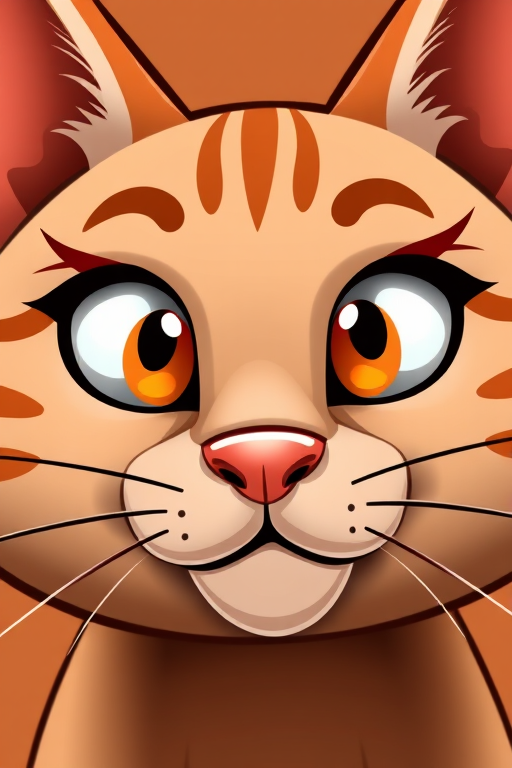 Generate an image of a cartoon-style cat face with a brown color scheme and exaggerated features, using a DSLR camera with a 50mm lens, aperture f/1.8, ISO 200, shot in macro view for sharp detail and vibrant colors.