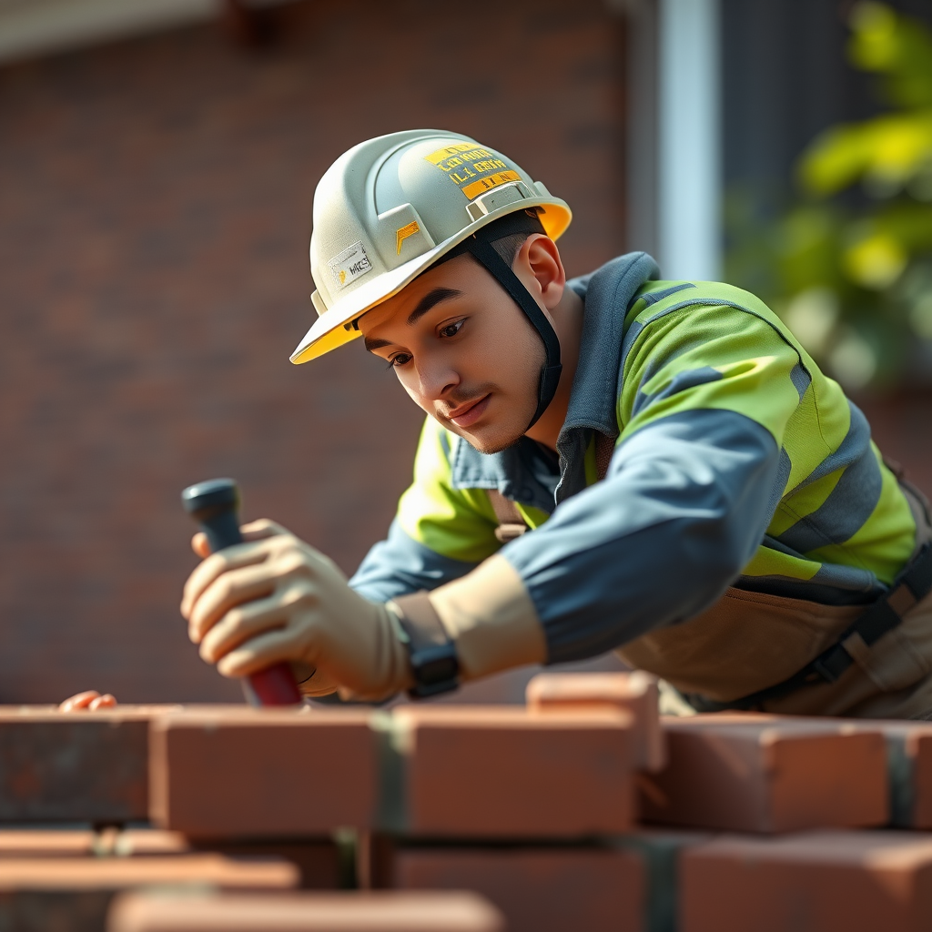 3D character of a construction worker in a hard hat laying bricks, focus on details of tools and bricks, high-resolution, shallow depth of field, 35mm lens, ISO 100, f/2.8, soft natural lighting, front view.