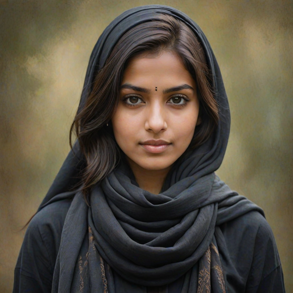 Create a portrait of a young Indian woman with long, dark hair and captivating hazel eyes. She is wearing a black headscarf and a matching scarf draped gracefully around her neck. The background is softly blurred, focusing attention on her serene and natural expression. The overall color palette is muted and warm, enhancing the intimate and authentic feel of the portrait.