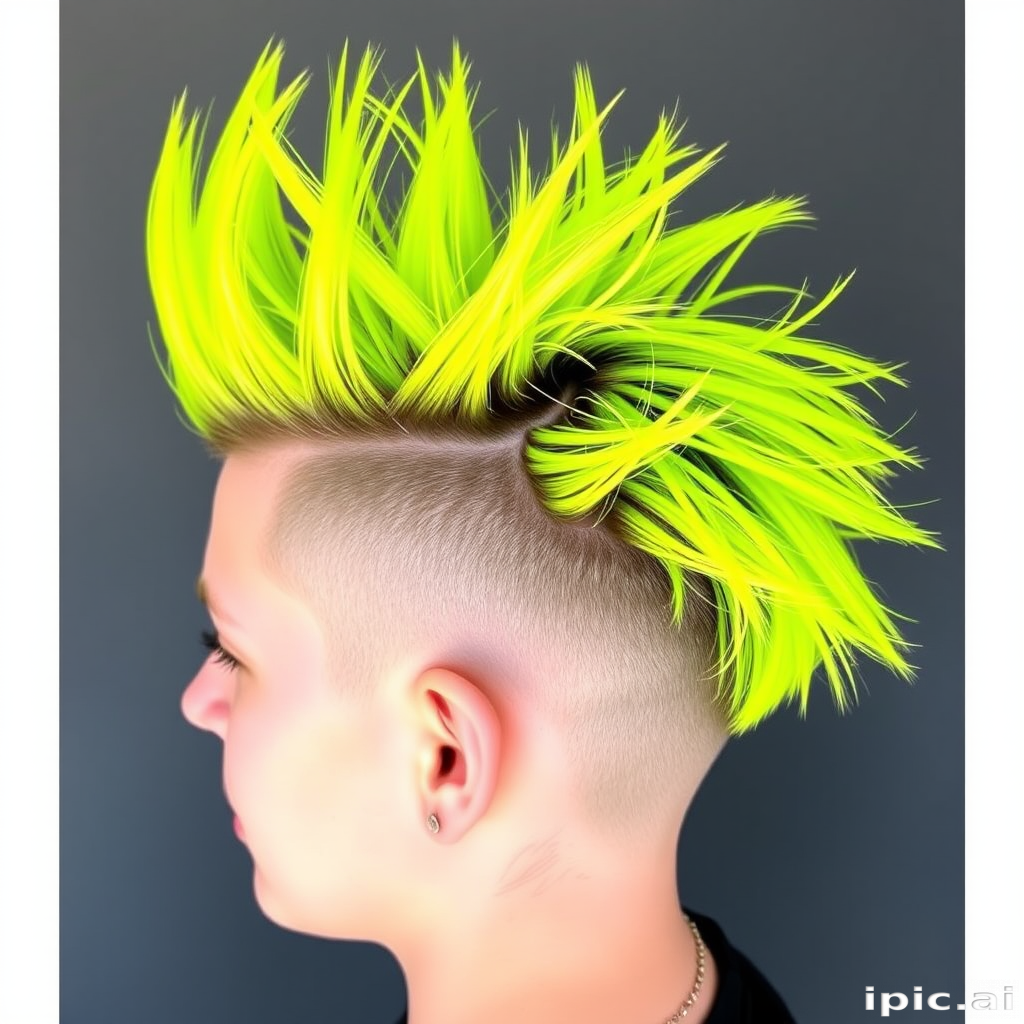 Electric Neon Buzz features a bold, asymmetrical undercut with vibrant yellow-green hair on top, styled in spiky tufts that seem to crackle with energy