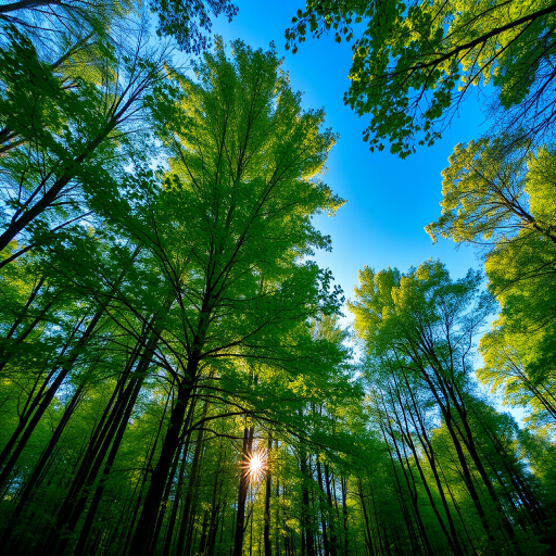 Generate an image of a serene forest landscape with lush green trees, sunlight filtering through the leaves, a clear blue sky above, taken with a Canon EOS R5, 24mm lens, f/2.8 aperture, 1/125 sec shutter speed, shot at eye level for a natural perspective.