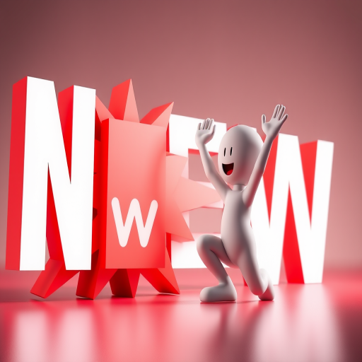 Create an image of a 3D character kneeling in excitement beside a large red starburst graphic with the word "NEW" in white letters, with dynamic lighting, soft focus background, captured with a DSLR camera at f/2.8, ISO 100, 50mm lens, and a shallow depth of field.