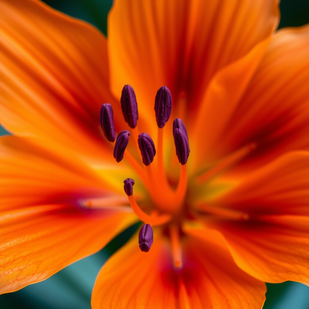 Generate a high-resolution image of an orange flower similar to a lily, featuring vivid petals with purple stamen, captured in macro view using a DSLR camera with aperture set to f/2.8, ISO 100, and a focal length of 60mm for optimal detail and color vibrancy.
