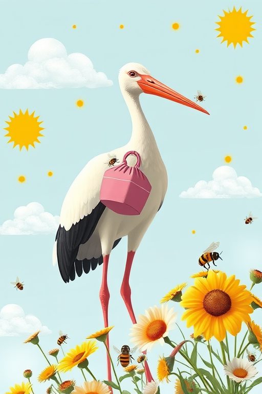 Create an illustration of a stork carrying a pink bundle in its beak, set against a light blue cloud background with bright yellow sun motifs and scattered small bees, detailed flowers in the foreground, high-resolution digital art, 50mm lens, f/2.8 aperture, natural lighting, soft focus style.