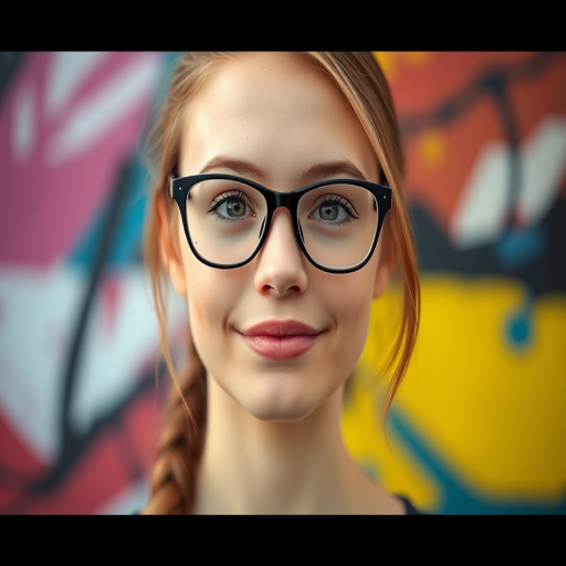Portrait of a young woman with glasses, vibrant abstract background, soft focus, 50mm lens, f/1.8 aperture, ISO 100, natural lighting to enhance colors and details.