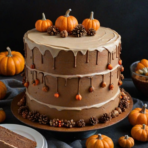 Create an image of a three-layer cake with smooth beige frosting, decorated with miniature pumpkins and gourds on top. Surround the cake with autumn-themed decorations like pinecones, small pumpkins, and natural elements, set against a dark background.