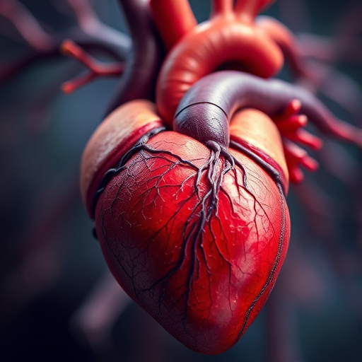 Create a high-resolution, detailed illustration of a human heart, showing intricate vascular structures with realistic coloring, macro lens, f/2.8 aperture, 50mm lens, soft focus background for depth, digital artwork.
